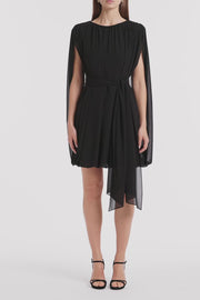 BLACK GEORGETTE GATHERED CAPELET MINI DRESS