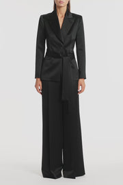 BLACK SATIN ACETATE TIE WAIST BLAZER