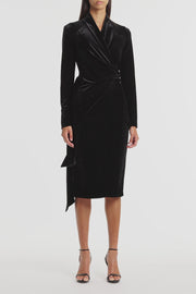 BLACK VELVET TIE FRONT MIDI DRESS