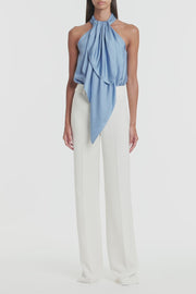 STEEL BLUE SILK TWILL RUFFLE HALTER TOP