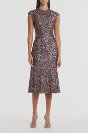 COPPER SEQUIN FLUTED MIDI DRESS