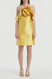 GOLDEN MATTE SATEEN SCULPTURAL FLOWER MINI DRESS