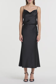 BLACK SATIN MIDI SKIRT