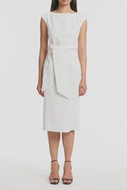 IVORY PINSTRIPE LINEN TIE WAIST MIDI DRESS