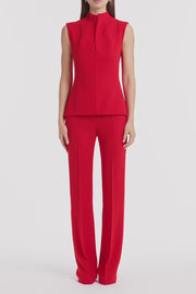 RED CREPE HIGH NECK FITTED BODICE