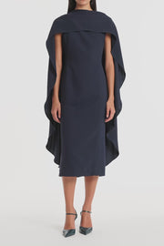 NAVY CREPE CAPE MIDI DRESS