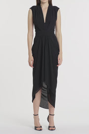 BLACK GEORGETTE SLEEVELESS WATERFALL DRESS