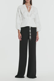 WHITE MESH JACQUARD PUFF SLEEVE BLOUSE