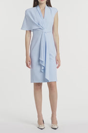 PALE BLUE CREPE ASYMMETRIC DRAPE DRESS