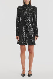 BLACK CASCADE SEQUIN FLUTED MINI DRESS