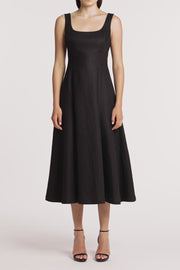 BLACK LINEN SQUARE NECK MIDI DRESS