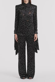 PINSPOT SILK BURNOUT FRONT NECK DRAPE BLOUSE