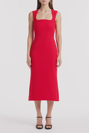 RED CREPE CURVE NECK DETAIL MIDI DRESS