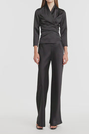 BLACK SATIN WRAP TOP