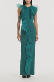 SERPENTINE CREPE RUFFLE FRONT GOWN