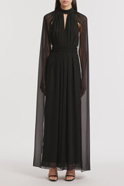 BLACK GEORGETTE HALTER CAPE GOWN