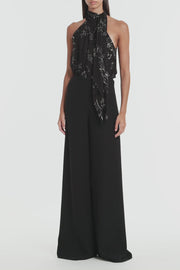 BLACK LINEAR FLORAL GATHERED HALTER TOP