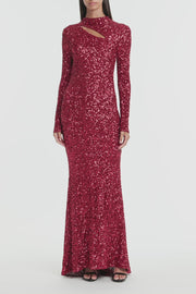 CHERRY CRUSHED SEQUIN LONG SLEEVE GOWN