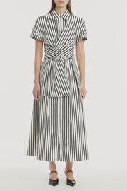 BLACK AND WHITE STRIPE COTTON WRAP SHIRT DRESS