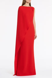 RED CREPE ASYMMETRICAL DRAPE GOWN