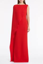 RED CREPE ASYMMETRICAL DRAPE GOWN
