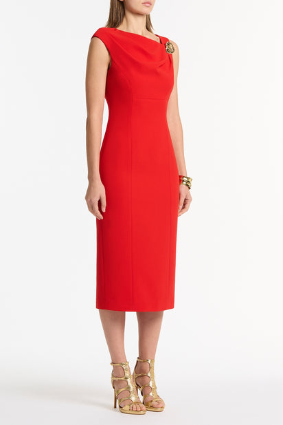 RED CREPE LEAF MIDI DRESS