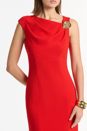 RED CREPE LEAF MIDI DRESS