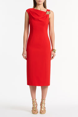 RED CREPE LEAF MIDI DRESS