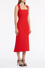 RED CREPE CURVE NECK DETAIL MIDI DRESS
