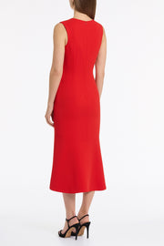 RED CREPE CURVE NECK DETAIL MIDI DRESS