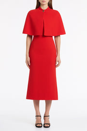 RED CREPE CURVE NECK DETAIL MIDI DRESS