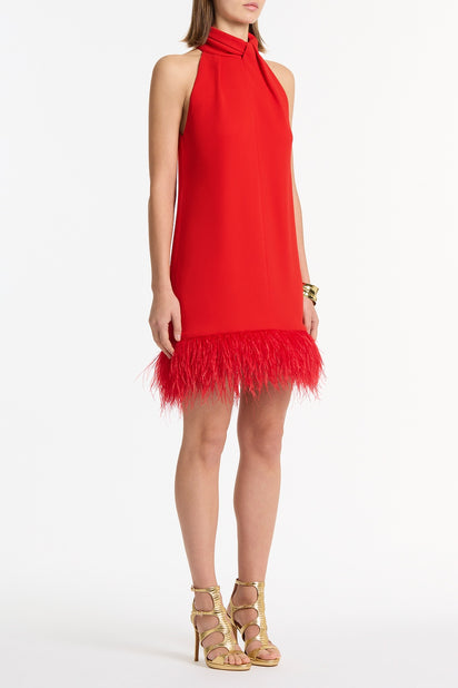 RED CREPE FEATHER MINI DRESS