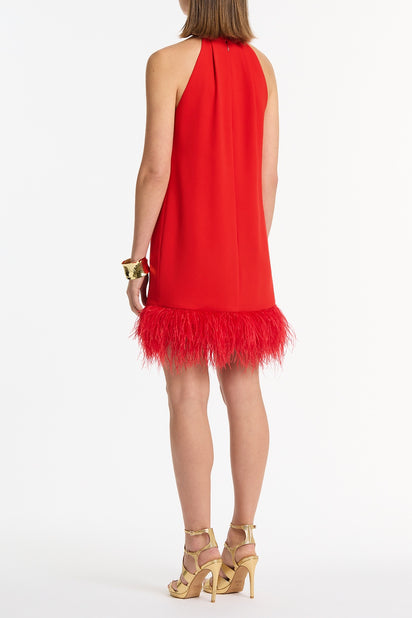 RED CREPE FEATHER MINI DRESS