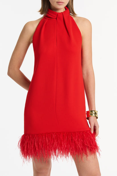 RED CREPE FEATHER MINI DRESS