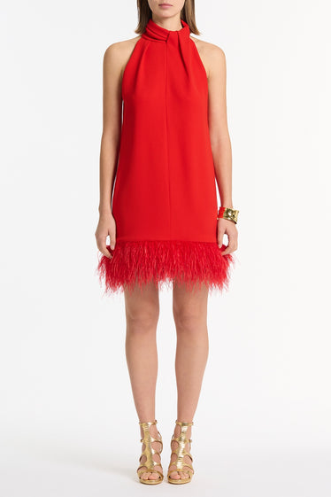 RED CREPE FEATHER MINI DRESS