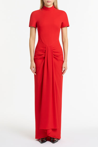RED CREPE FITTED WATERFALL GOWN