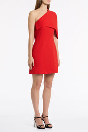 RED CREPE ONE SHOULDER CAPELET MINI DRESS