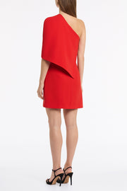 RED CREPE ONE SHOULDER CAPELET MINI DRESS