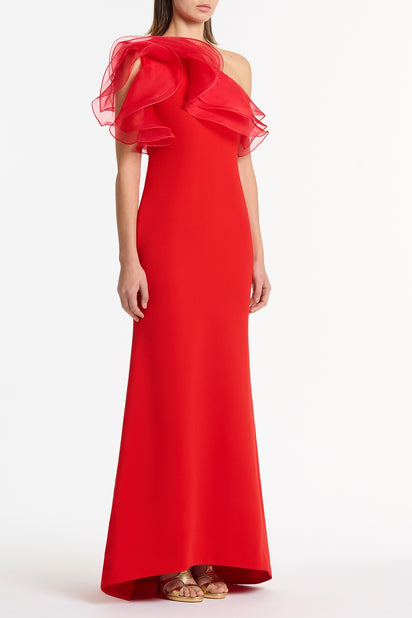RED CREPE ONE SHOULDER ORGANZA RUFFLE GOWN