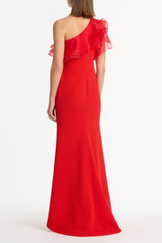 RED CREPE ONE SHOULDER ORGANZA RUFFLE GOWN