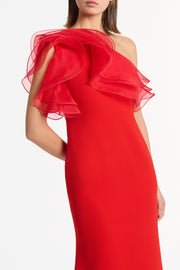 RED CREPE ONE SHOULDER ORGANZA RUFFLE GOWN