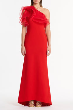 RED CREPE ONE SHOULDER ORGANZA RUFFLE GOWN