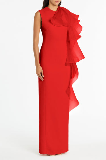 RED CREPE RUFFLE SHOULDER GOWN
