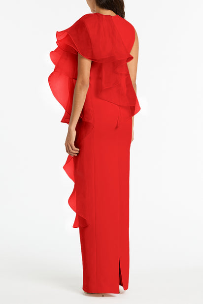 RED CREPE RUFFLE SHOULDER GOWN