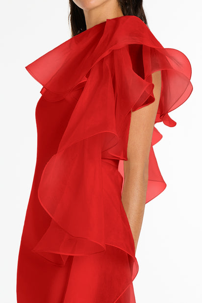 RED CREPE RUFFLE SHOULDER GOWN
