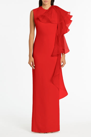 RED CREPE RUFFLE SHOULDER GOWN