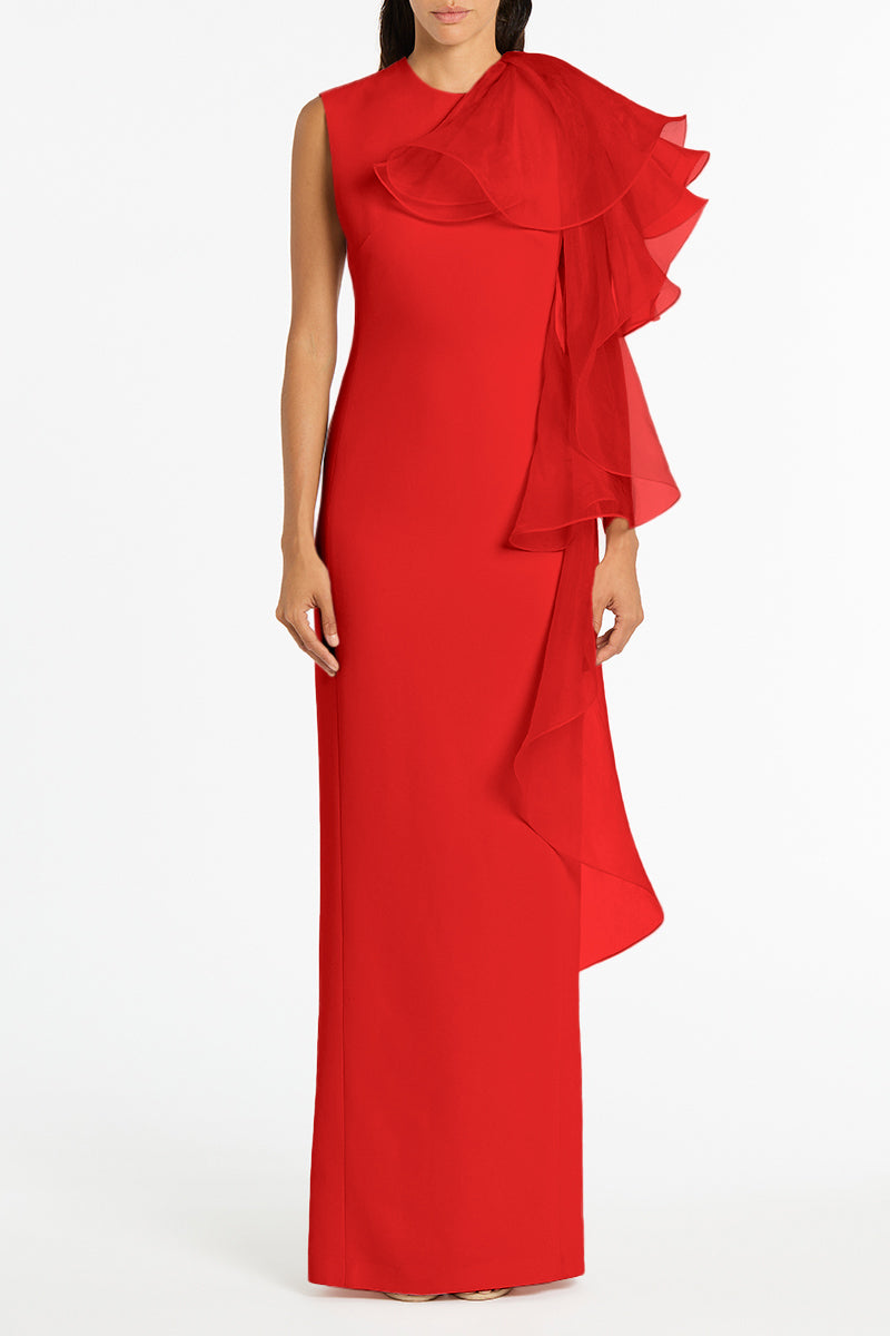 RED CREPE RUFFLE SHOULDER GOWN Carla Zampatti RED CREPE RUFFLE SHOULDER GOWN Carla Zampatti