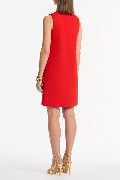 RED CREPE SCOOP NECK SHIFT DRESS