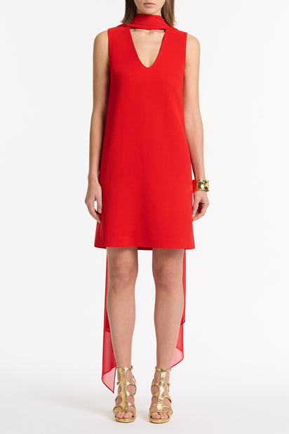 RED CREPE SCOOP NECK SHIFT DRESS
