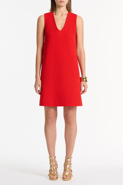 RED CREPE SCOOP NECK SHIFT DRESS